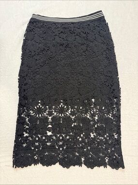 Black Floral Lace Midi Skirt with Striped Elastic Waistband